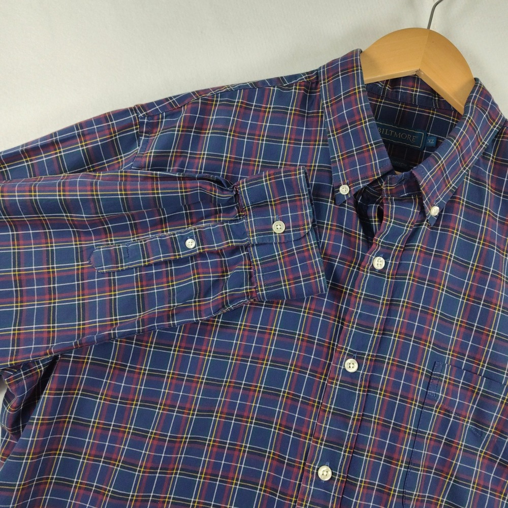 Biltmore Mens XL Plaid Button Down Shirt Navy Blue Red Yellow 100% Cotton L/S
